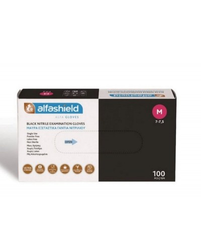Alfashield Alfa Gloves Γάντια Νιτριλίου Χωρίς Πούδρα σε Μαύρο -Medium- 100τεμ
